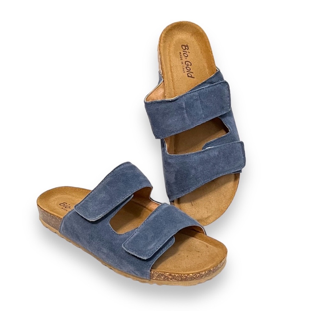 Bio Gold Suede Leather Footbed Slide Sandals Blue Women’s Size 9 Double Strap
